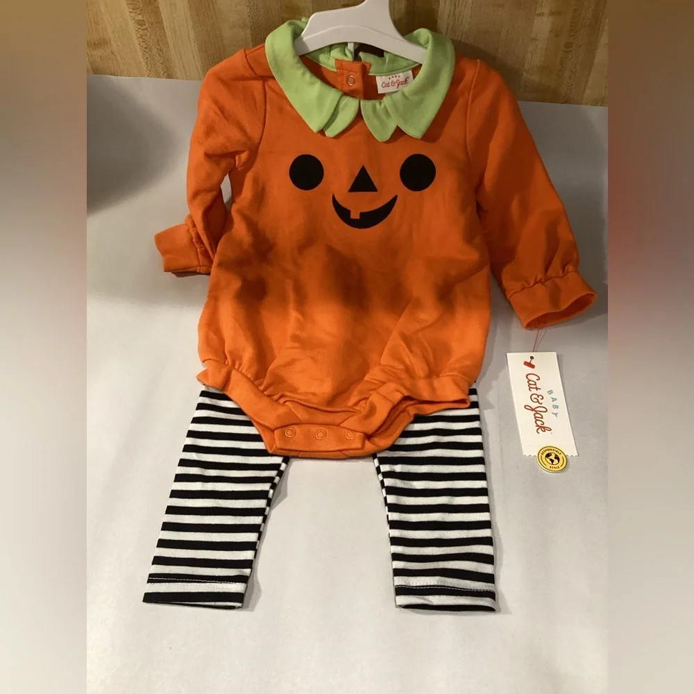 Cat & Jack Orange Pumpkin Bodysuit with Striped Leggings